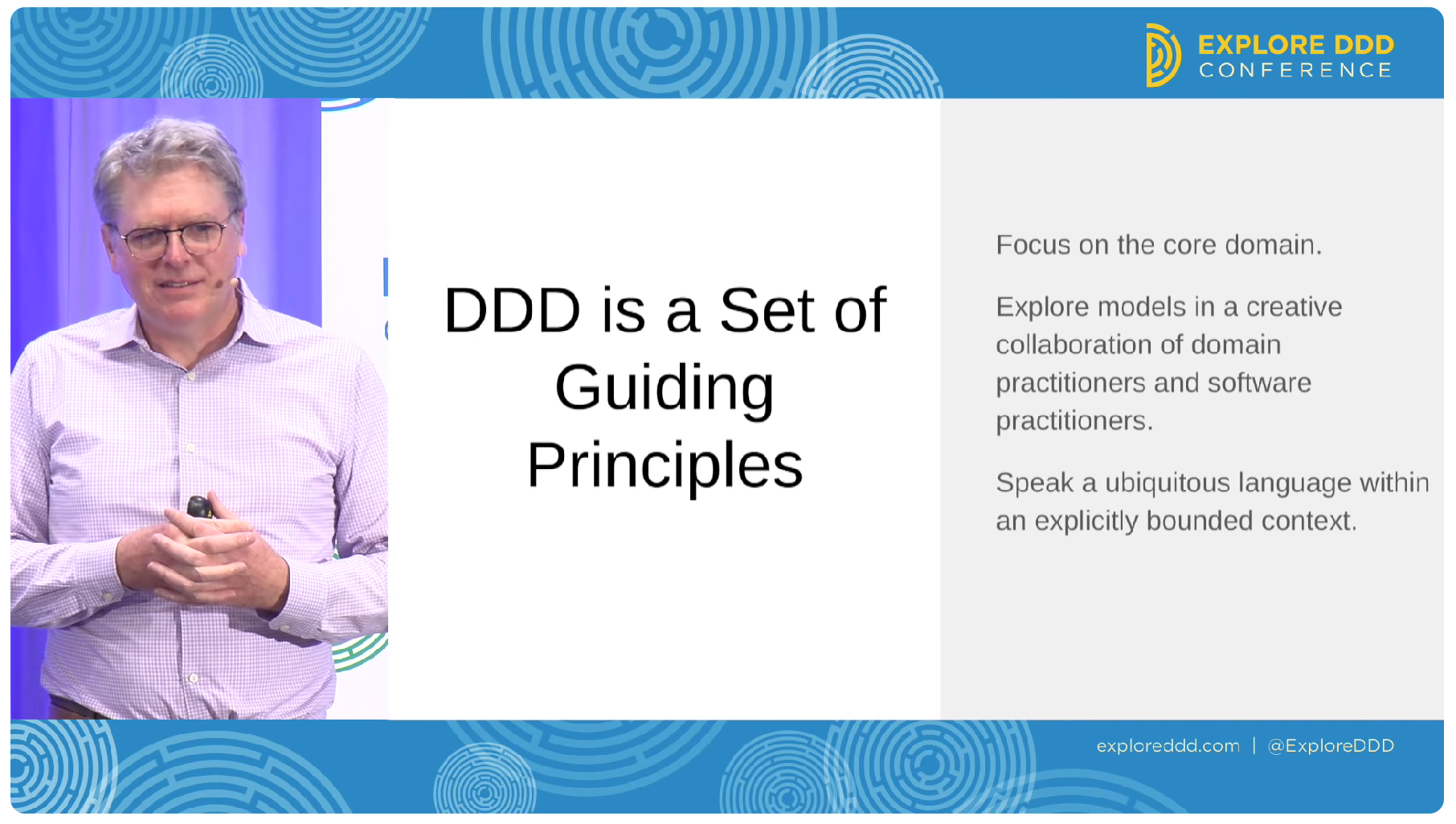 Eric Evans providing a definition for DDD at Explore DDD 2018