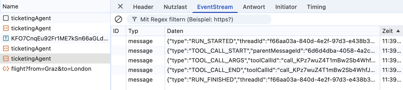 Gestreamte AG-UI-Nachrichten in den Developer Tools des Browsers