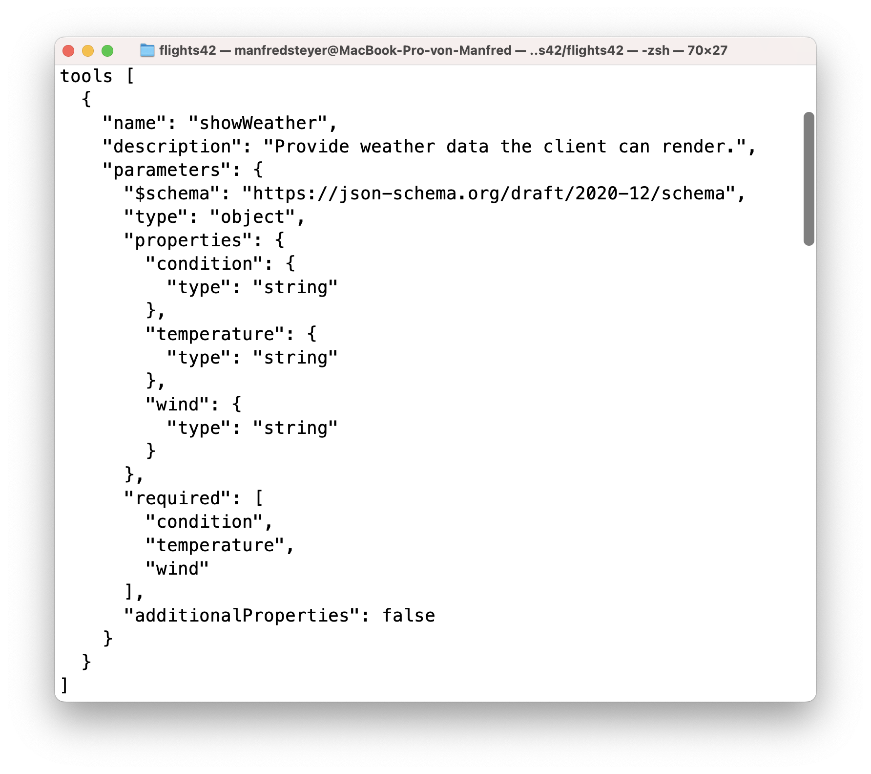 JSON Schema with parameters and descriptions for a client-side AG-UI tool