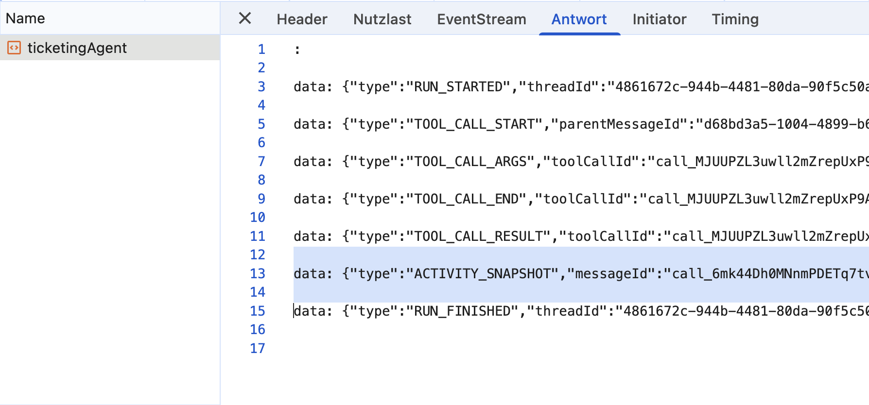 Browser-Devtools-Trace: A2UI-Operationen createSurface, updateComponents und updateDataModel eingebettet in einen AG-UI-ACTIVITY_SNAPSHOT