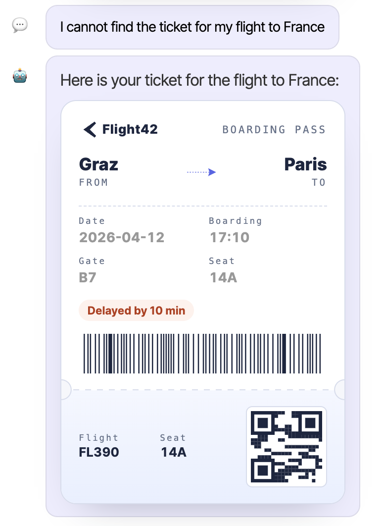 Custom Catalog in A2UI: TicketWidget als Boardkarte mit Flugnummer, Strecke und Datum, eingebettet in einen Sidecar-Chat
