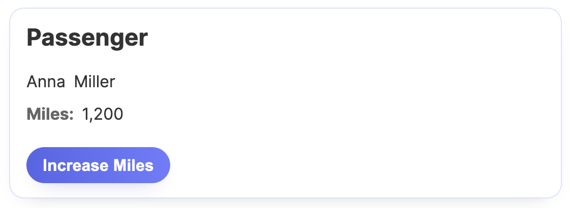 A2UI demo in Angular: passenger card with name, bonus miles, and a button to increase the miles