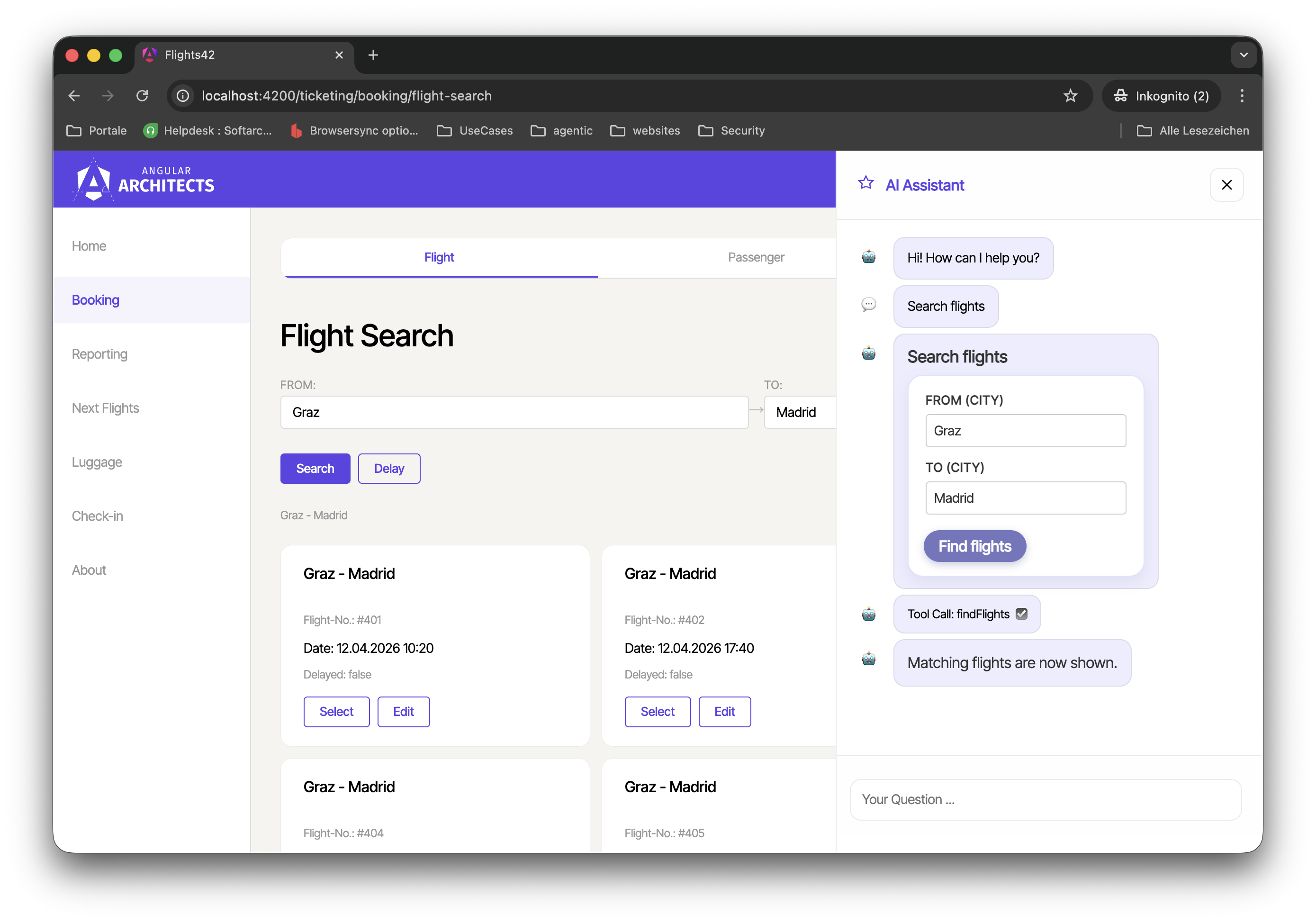 A2UI example: input form with a confirmation question generated by the agent in a flight booking application