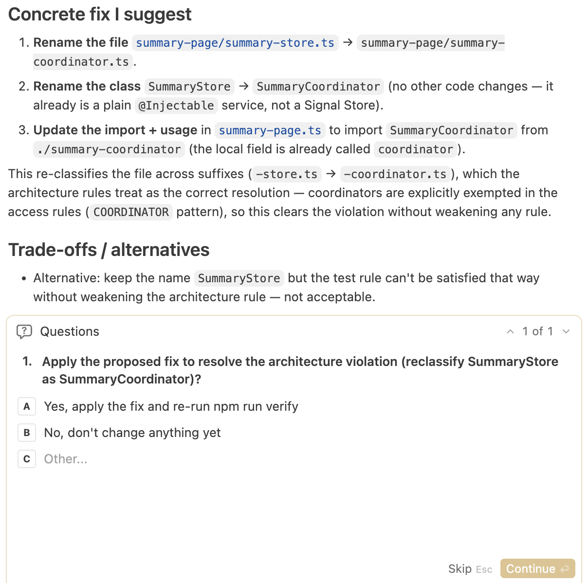 Mit aktivierter Propose-and-Confirm-Vorgabe ändert der Skill nichts eigenmächtig, sondern legt dem Benutzer den erkannten Verstoß und einen konkreten Fix-Vorschlag zur Bestätigung vor.