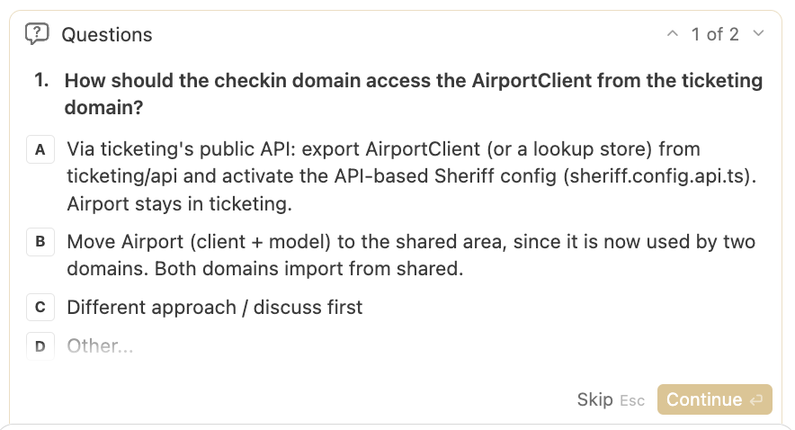 The agent asks a follow-up question: should the AirportClient be provided via the public API of the ticketing domain or moved into the shared area?