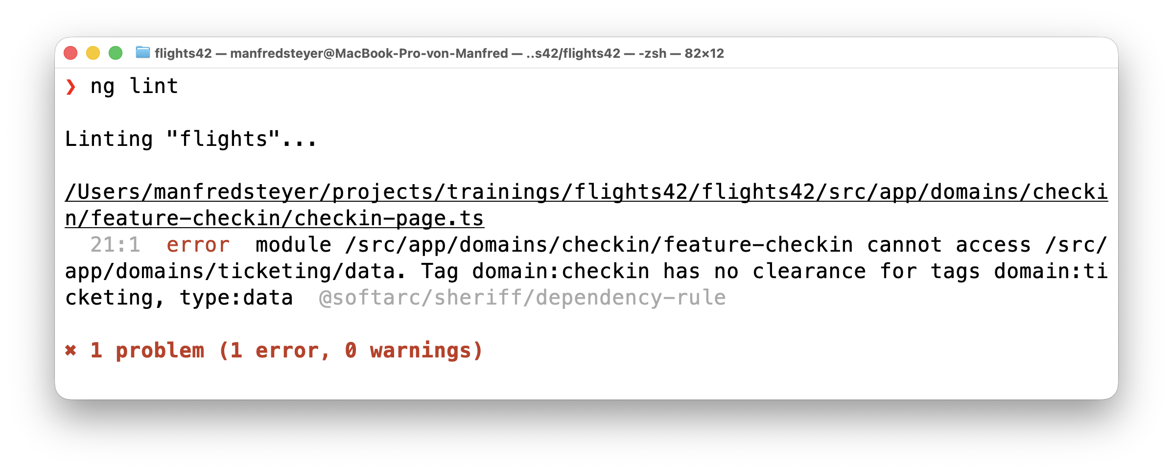 Console output of "ng lint": Sheriff reports that the checkin domain may not access type:data of the ticketing domain