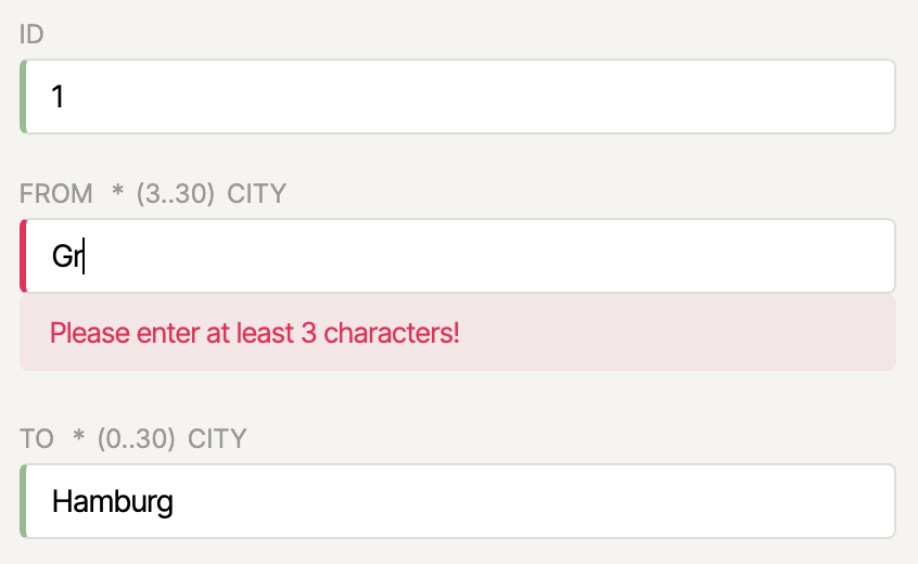 Input fields in Signal Forms with conditional CSS formatting: green border for valid values, red border for invalid values, and grey border for pending validations