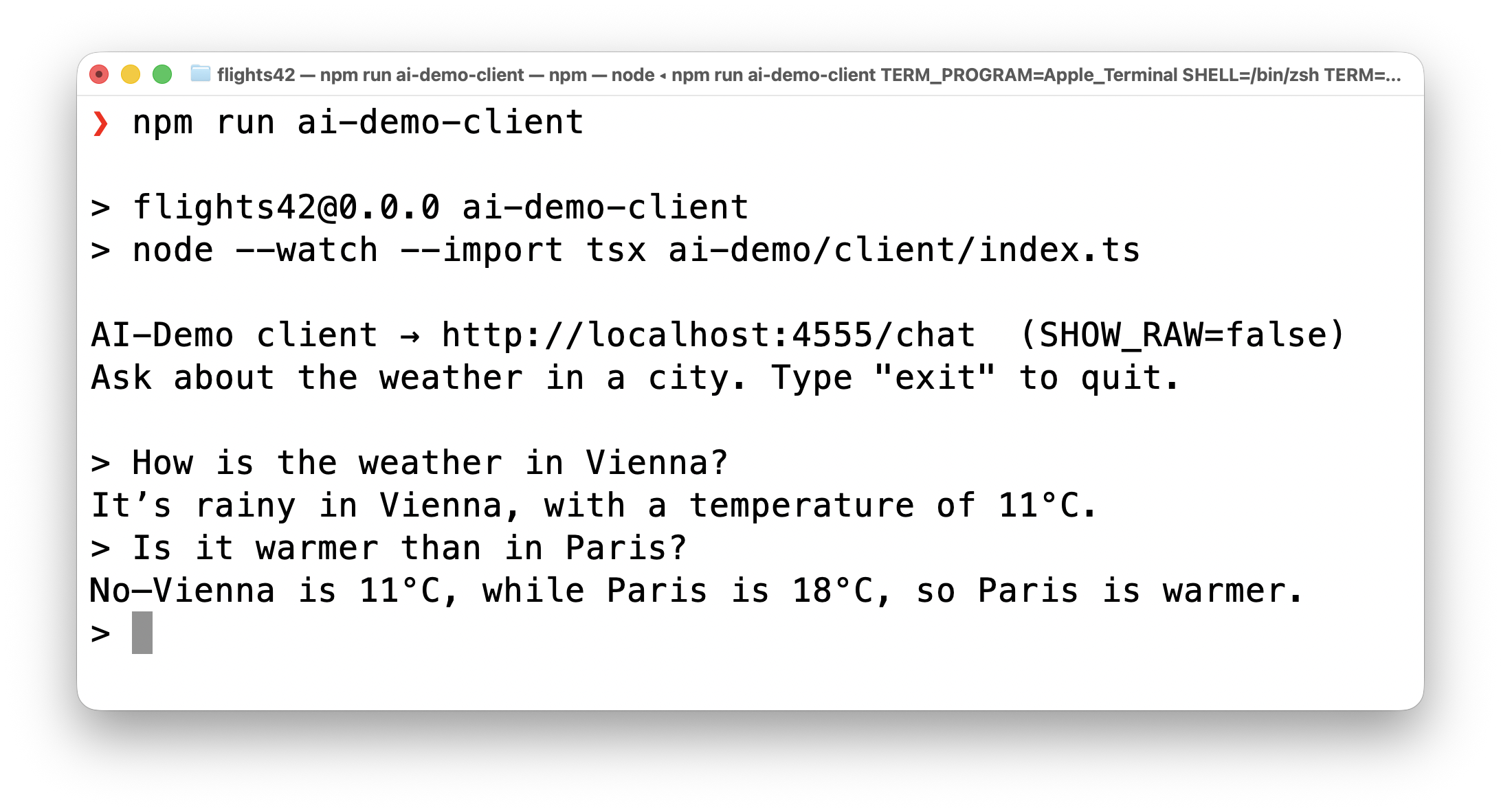 The command-line client answers questions about the weather in Vienna and Paris
