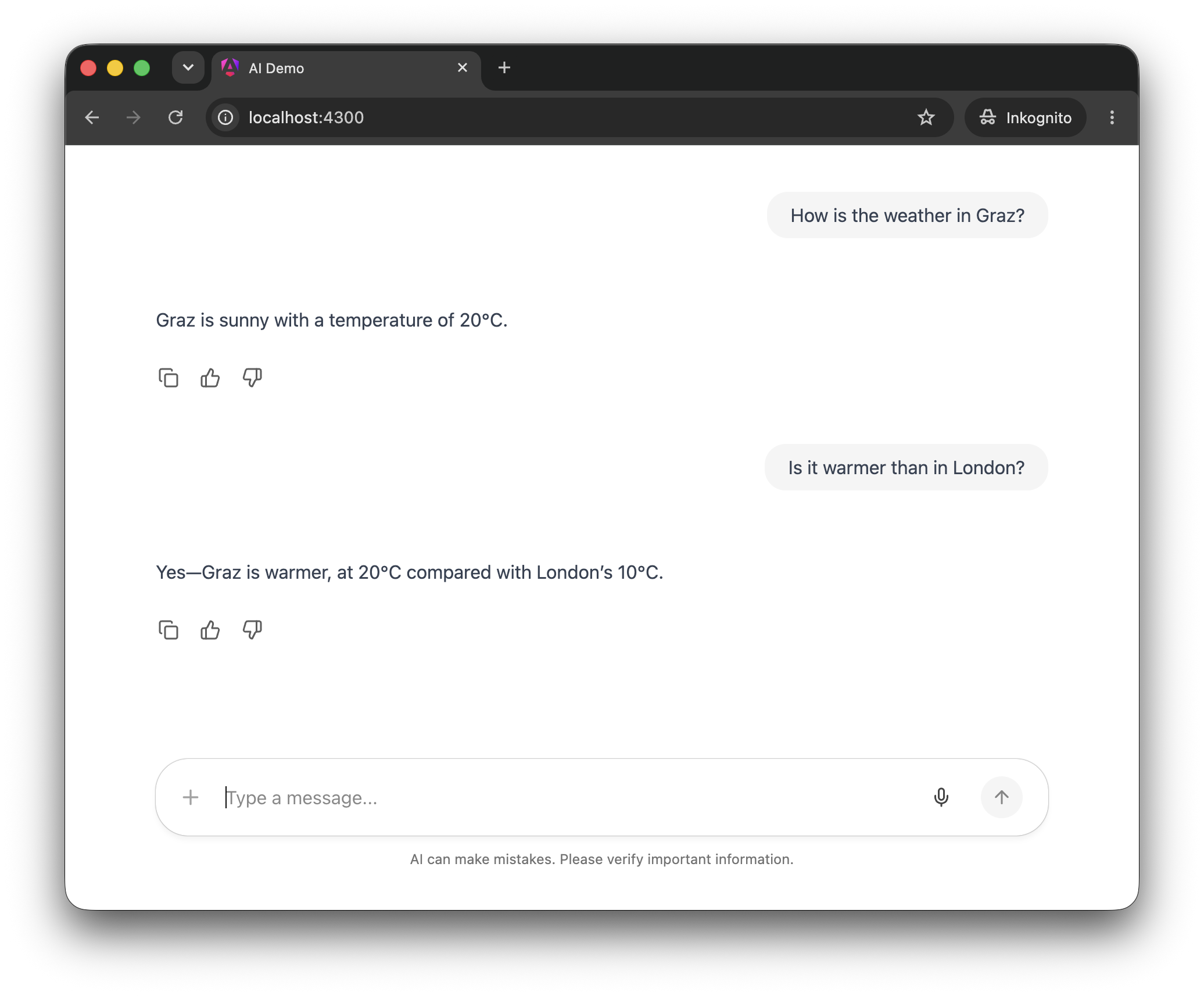 CopilotKit's chat control answers questions about the weather in Graz and London