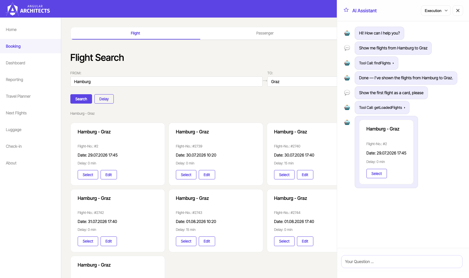 The sidecar chat answers a flight query with text and the interactive flight card