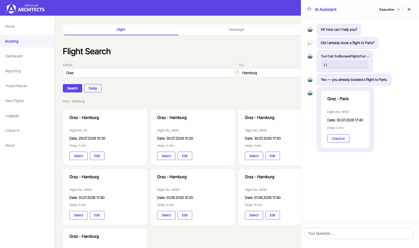 The sidecar chat shows the server-side tool call findBookedFlightsTool as an expandable card and the answer as a flight card