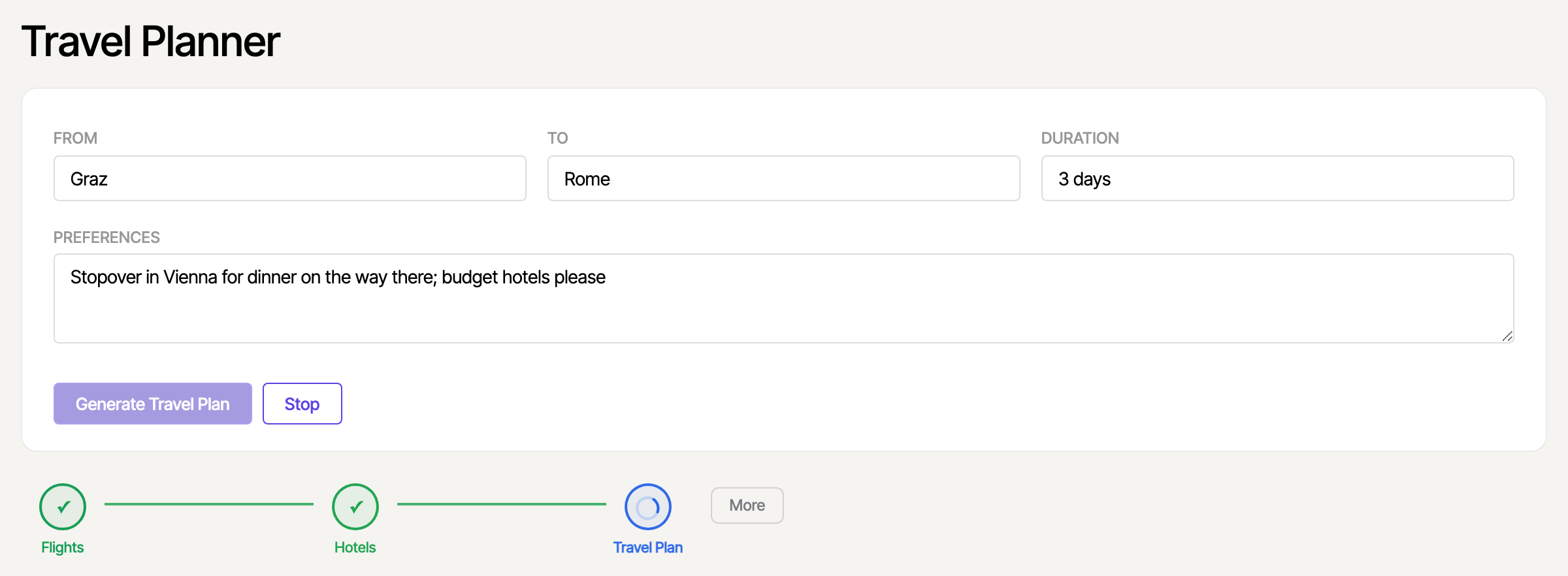 The Travel Planner during generation: the steps Flights and Hotels are complete, the step Travel Plan is still running