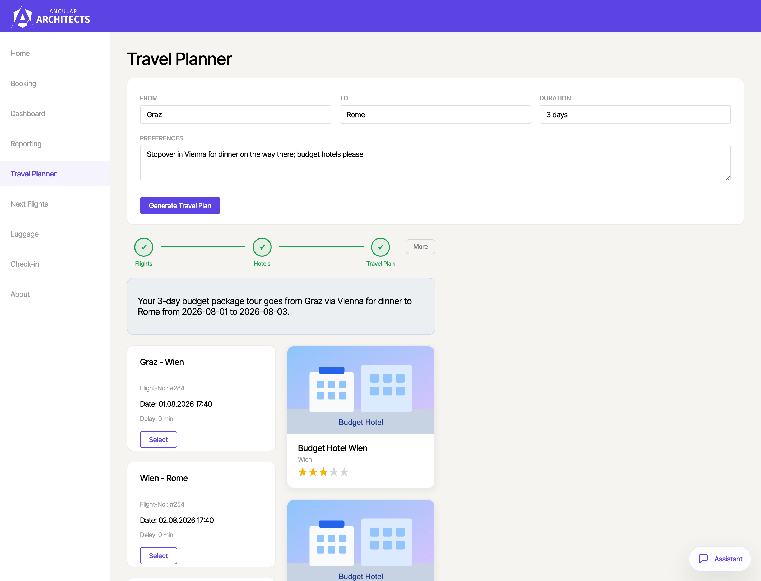 The finished travel plan with a summary, the flights in travel order, and matching hotels for both cities