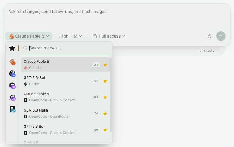 T3 Code model picker with my favorite models