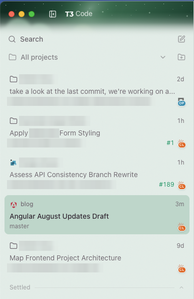 T3 Code sidebar in inbox style
