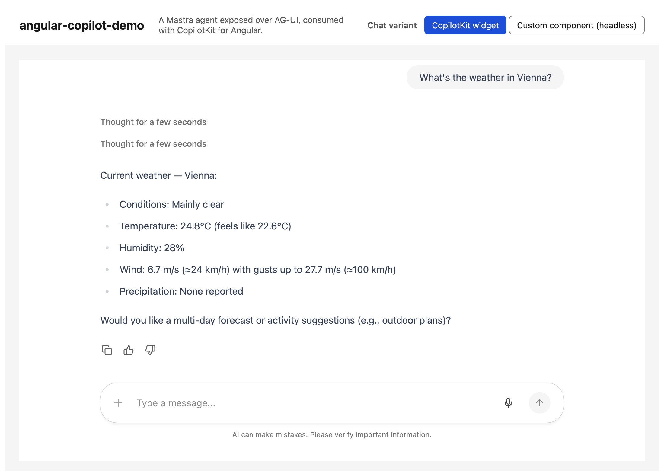 Die CopilotKit-Chat-Komponente beantwortet eine Wetterfrage mit dem Mastra-Agenten im Rücken