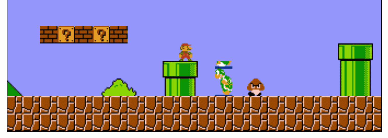 Animation des Moonwalk-Bugs: Der Koopa Troopa bewegt sich nach rechts, während sein Sprite weiter nach links schaut, und rutscht so rückwärts durchs Level