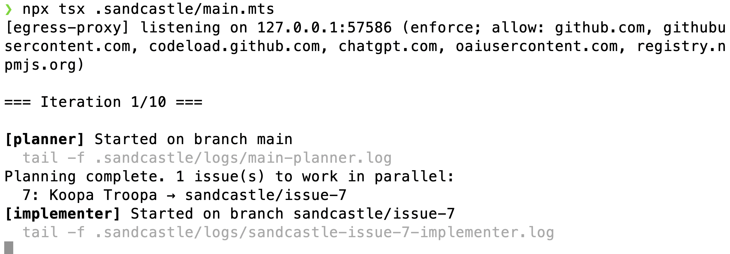 Diagramm der Sandcastle-Harness: die vier Loop-Stufen — Planner, Implementer, Reviewer, Merger — laufen gegen einen GitHub-Issue-Tracker und eine Arbeitskopie in der Sandbox