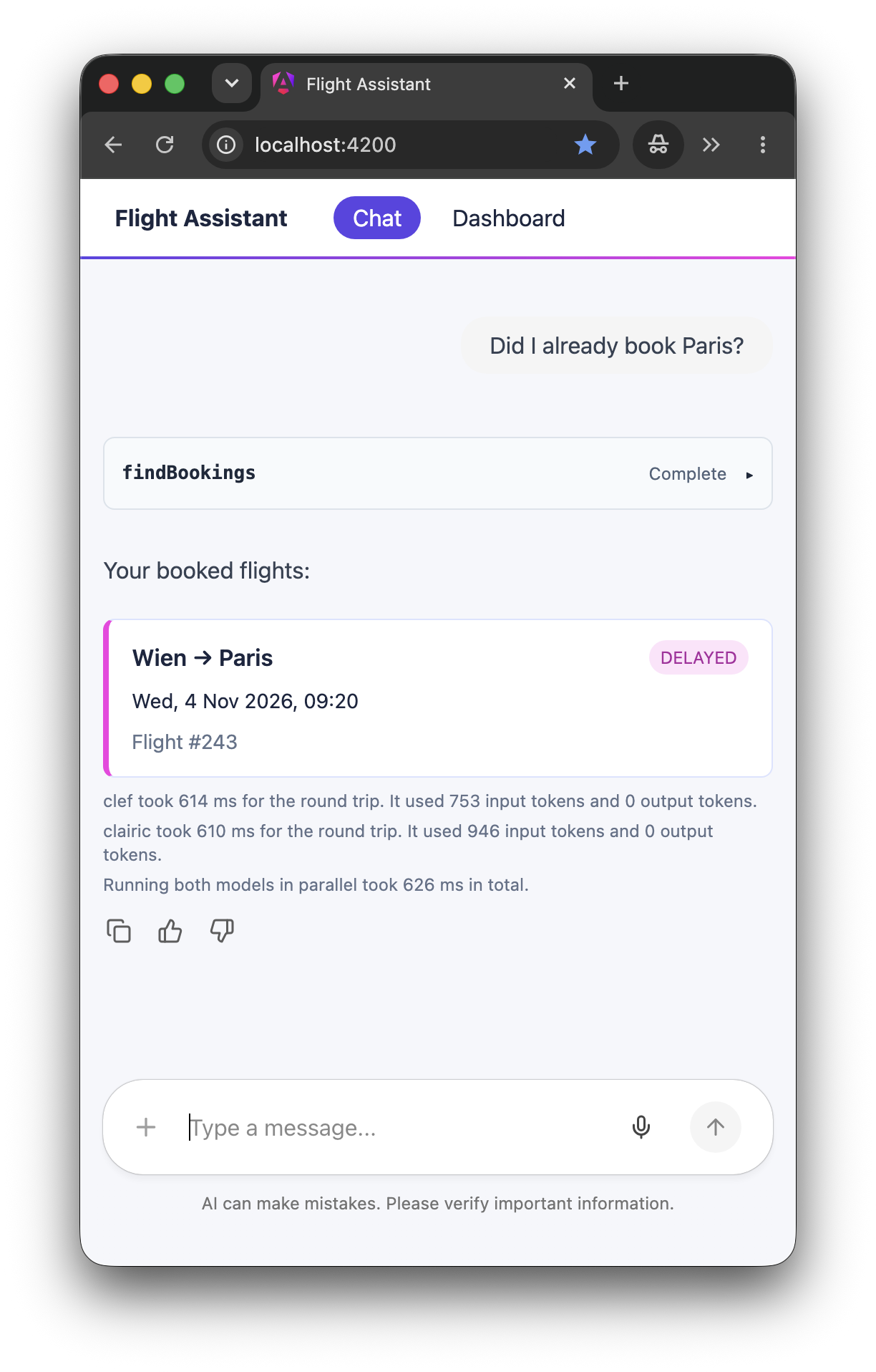 Chat view of the flight assistant: the user asks "Did I already book Paris?". The assistant calls the tool findBookings and shows the booked flight from Wien to Paris. Below, the metrics: Clef took 614 ms, Clairic 610 ms, and running both models in parallel 626 ms.