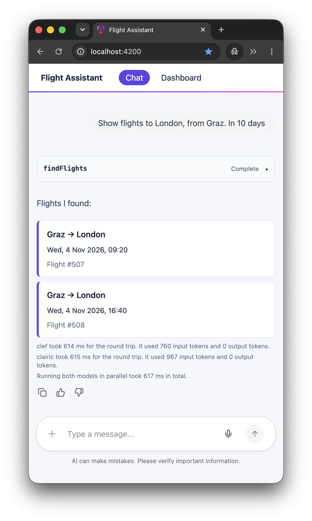 Chat view: the user writes "Show flights to London, from Graz. In 10 days". The assistant calls findFlights and shows two flights from Graz to London on Wednesday, November 4, 2026. Clef took 614 ms, Clairic 615 ms, and running both models in parallel 617 ms.